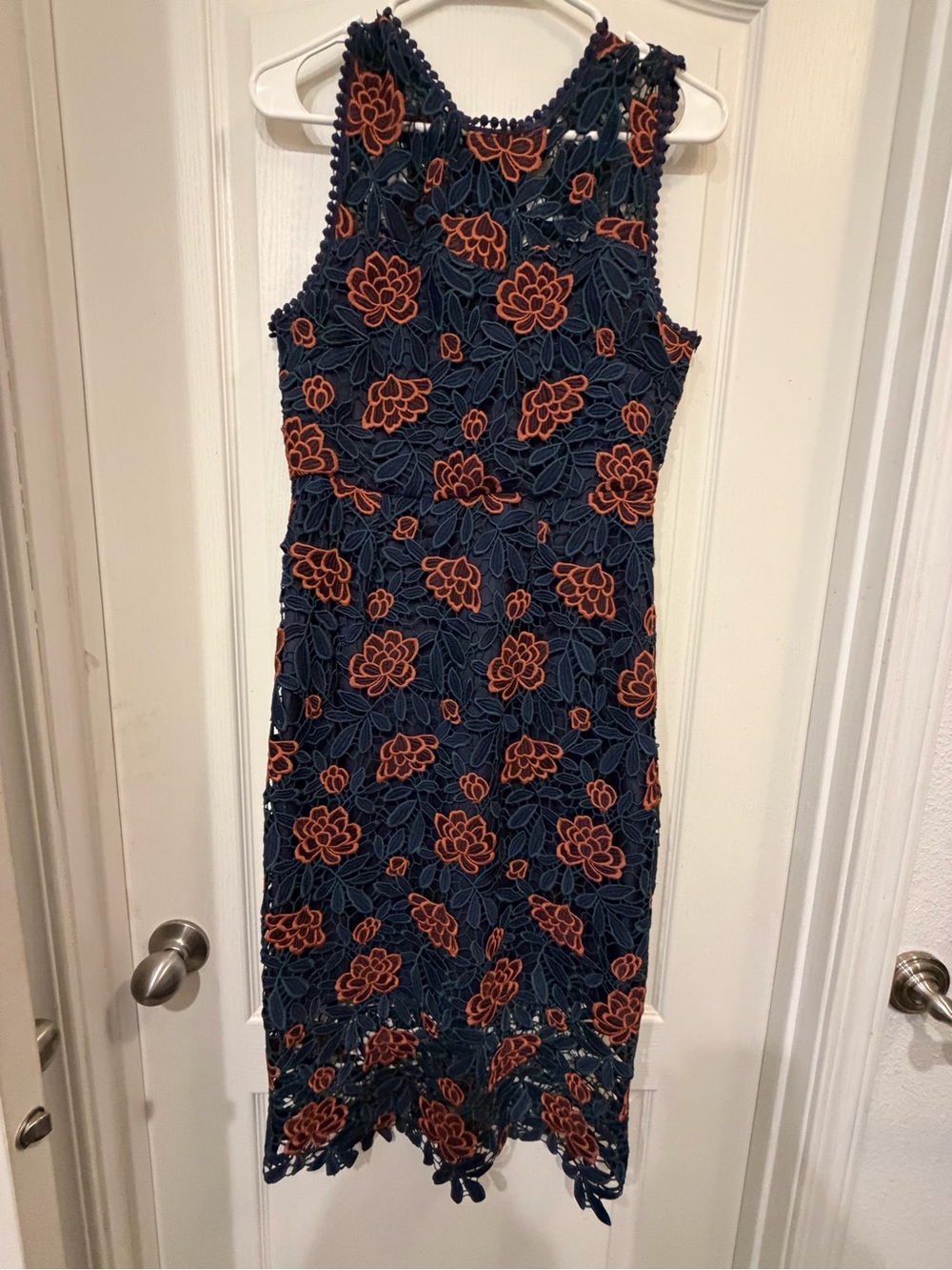 Cupcakes and Cashmere Dress Size 4 Navy Rust Floral Lace Sleeveless Sheath
